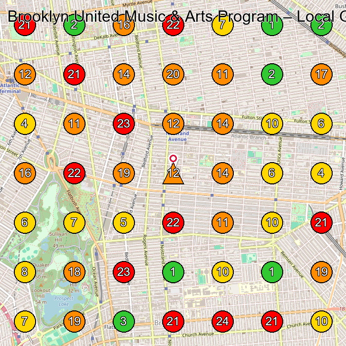 Brooklyn United Music & Arts Program Performing Arts Group GeoGrid ranking map for Brooklyn NY